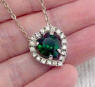 Vintage Emerald Green Glass Crystal Heart Pendant Chain Necklace