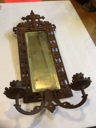 Vintage Ornate Iron And Beveled Mirror/ Wall Sconce Candle Holders