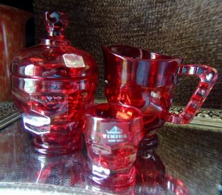 Vintage Viking Glass Ruby Red Georgian Set,  Sugar Creamer And Toothpick Holder