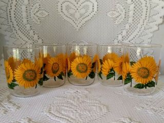 Set Of 5 Vintage Libbey Sunflower Juice Breakfast Brunch Drinking Glasse 8 Oz.