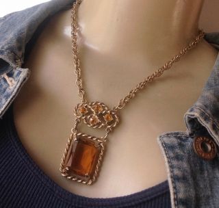 Vintage Necklace Large Amber Rhinestone Pendant By Sarah Coventry