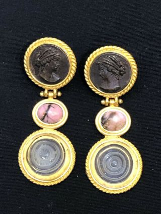 Vintage Signed Jaded Goldtone Clear Poured Glass Round Coin Dangle Earrings