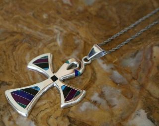 Vtg Mexico Sterling Large Multi - Stone Ankh Cross Pendant 18 Inch Necklace Taxco
