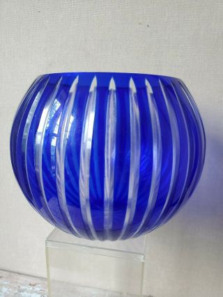Cobalt Blue Rose Bowl Vase Cut To Clear Lead Crystal Ribbed Glass Vintage