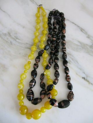 Vintage Black And Rose Gold & Yellow Venetian Murano Glass Beads Necklaces