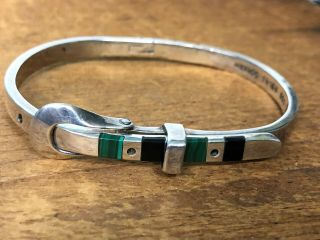 Vintage Mexican Sterling Silver Belt Buckle Bracelet With Onyx And Malachite Sto