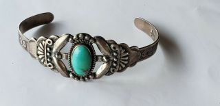 Vintage Ornate Navajo Sterling Silver Turquoise Cuff Bracelet Tomahawk Hallmark