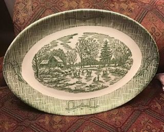 Serving Platter - Vintage (c 1950) “currier & Ives”,  Green And White China 12 "