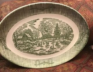 Serving Platter - Vintage (c 1950) “Currier & Ives”,  Green and White China 12 