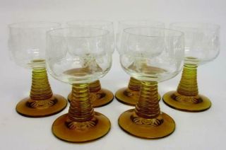 Set Of 6 Vintage Crystal Roemer Wine Glasses Amber Stem Etched Grape Vine