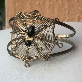 Vintage Detailed Spider & Web Silver Onyx Slave Cuff Bracelet (alpaca,  Mexico)