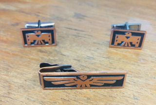Vintage Copper Metal Stamped Thunderbird Southwest Cuff Links & Tie Clip Set