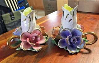 2vintage Nuova Capodimonte Floral Porcelain Candle Holder Made In Italy Roses 5 "