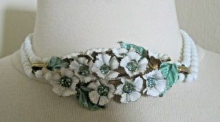 Vintage Estate Milk Glass Beads Green Rhinestone Enamel Necklace Choker