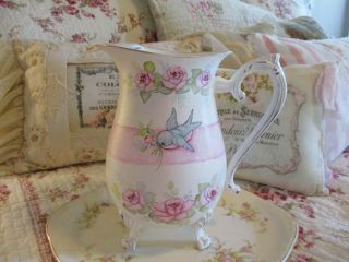 Shabby Chic Hand Painted Roses - Vintage Silver Plated Water Pitcher