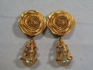 Vintage Kate Hines Runway Statement - Gold Plated Flower Rose W/dangle Cage Drop