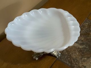 Equisite Vintage Seashell Milk Glass Brass Metal Soap Tray Dish Holder Art Deco 3