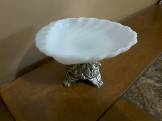 Equisite Vintage Seashell Milk Glass Brass Metal Soap Tray Dish Holder Art Deco 6