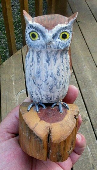 Vintage Clem Wilding Folk Art Miniature Owl Decoy Wood Carving Duck Decoy