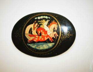 Vintage Russian Black Lacquer Hand Painted Horse Man Boat Brooch Pin 2.  25 "