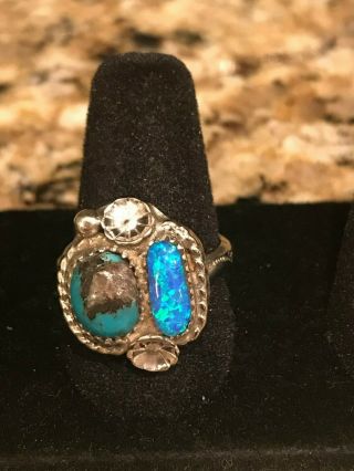 Vintage Southwestern Sterling Silver Blue Diamond Turquoise And Opal Ring