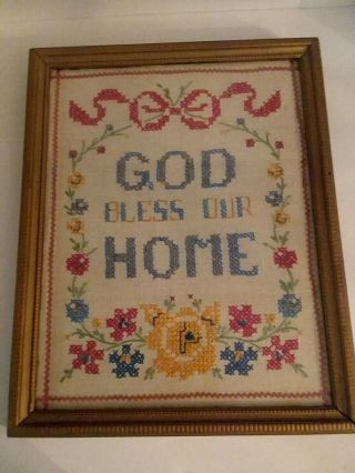 Vintage Framed Cross Stitch Needlepoint God Bless Our Home Sampler