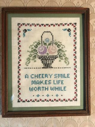 Vintage Needlepoint " A Cheery Smile.  " - Framed