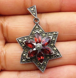 925 Silver - Vintage Red Garnet & Marcasite Floral Star Drop Pendant - P6055