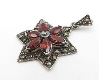 925 Silver - Vintage Red Garnet & Marcasite Floral Star Drop Pendant - P6055 2