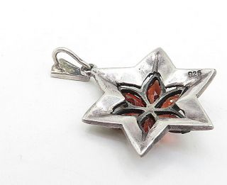 925 Silver - Vintage Red Garnet & Marcasite Floral Star Drop Pendant - P6055 3