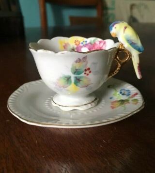 Vintage Miniature Parrot Handle Footed Teacup & Saucer,  Made In Japan,  Gold Gilt