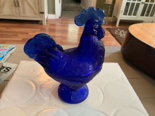Vintage Cobalt Blue Glass Standing Rooster Candy Dish