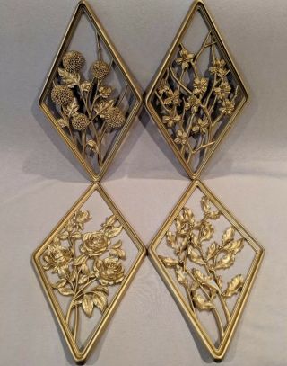 Vintage Gold Syroco Diamond Shape Four Seasons Wall Plaques Set Of Four (4)