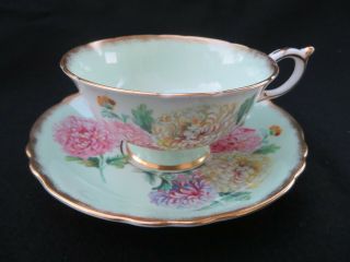 Vintage Paragon Chrysanthemum Cup And Saucer In Lime Green Gold Rim