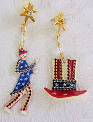 Vintage Lunch At The Ritz Patriotic Uncle Sam Usa Flag Rhinestone Charm Earrings