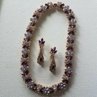 Fab Vintage Signed Crown Trifari Blue & Purple Necklace & Dangle Earrings Set