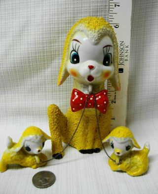 Vintage Yellow Sheep Figurine W/ 2 Baby Lambs - Japan Animal Collectible