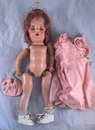 Vtg Composition Doll With Dress Slip Shoes Socks Tiara Wig Is In Great Cond