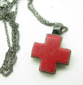 Vintage Sterling Silver Chain Necklace Small Cross Pendant Red Coral Stone Boho