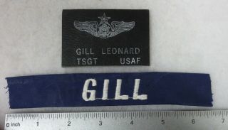 Vintage Us Air Force Senior Aircrew Leather Wings Patch With Name Tape On Blue