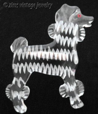 Vintage 1940’s Reverse Carved Clear Lucite Dog Poodle Enamel Figural Pin Brooch