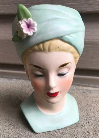 Vintage Napcoware Lady Head Vase C4899a Japan Green Hat 1960 Grace Kelly
