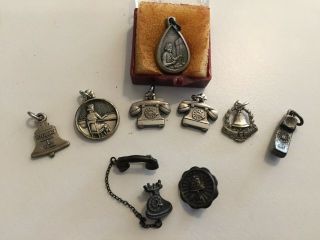 Vintage 9 Sterling Silver Bell System Phone Co.  Charms And Pins