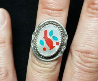 VINTAGE ZUNI RED CARDINAL STERLING SILVER TURQUOISE RING SZ 7.  5 2