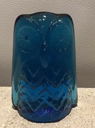 Vintage Blenko Glass Owl Bookend Teal Blue Paperweight