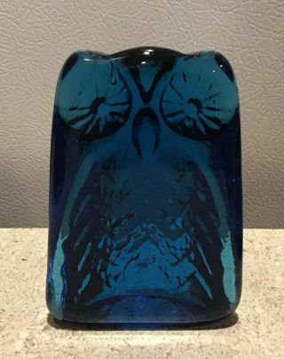 Vintage Blenko Glass owl bookend teal blue paperweight 4