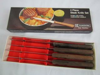 Set Of 4 Vintage Tramontina Inox Stainless Brazil Hardwood Handle Steak Knives