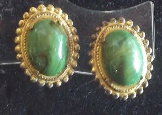 Miriam Haskell Vintage Earrings Green Marbled Art Glass Russian Gold Filigree