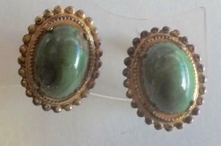 MIRIAM HASKELL Vintage Earrings Green Marbled Art Glass Russian Gold Filigree 2