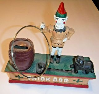Vintage Cast Iron Trick Dog Circus Clown Hoop Mechanical Coin Bank Metal Toy Fun